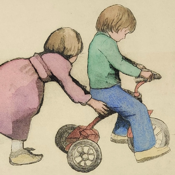 Tricycle Print Signed Matted Framed Numbered 8/150 Drawing Kids Siblings Friends - Picture 7 of 16